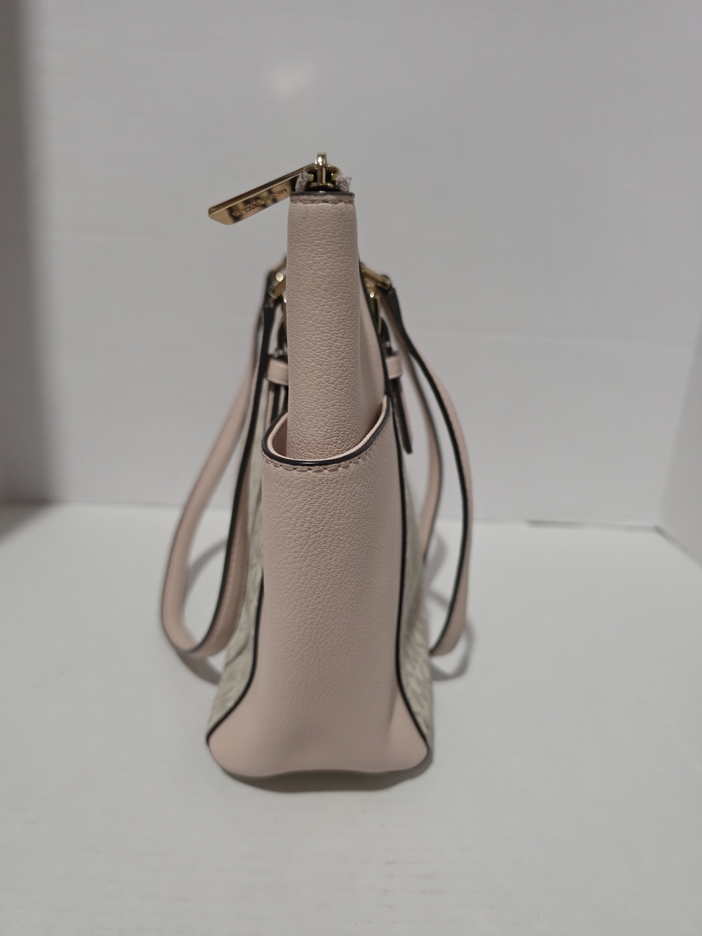 Michael Kors MK Monogram Zip Top Tote Beige/Blush Gold Hardware Charm Pockets - Picture 7 of 10